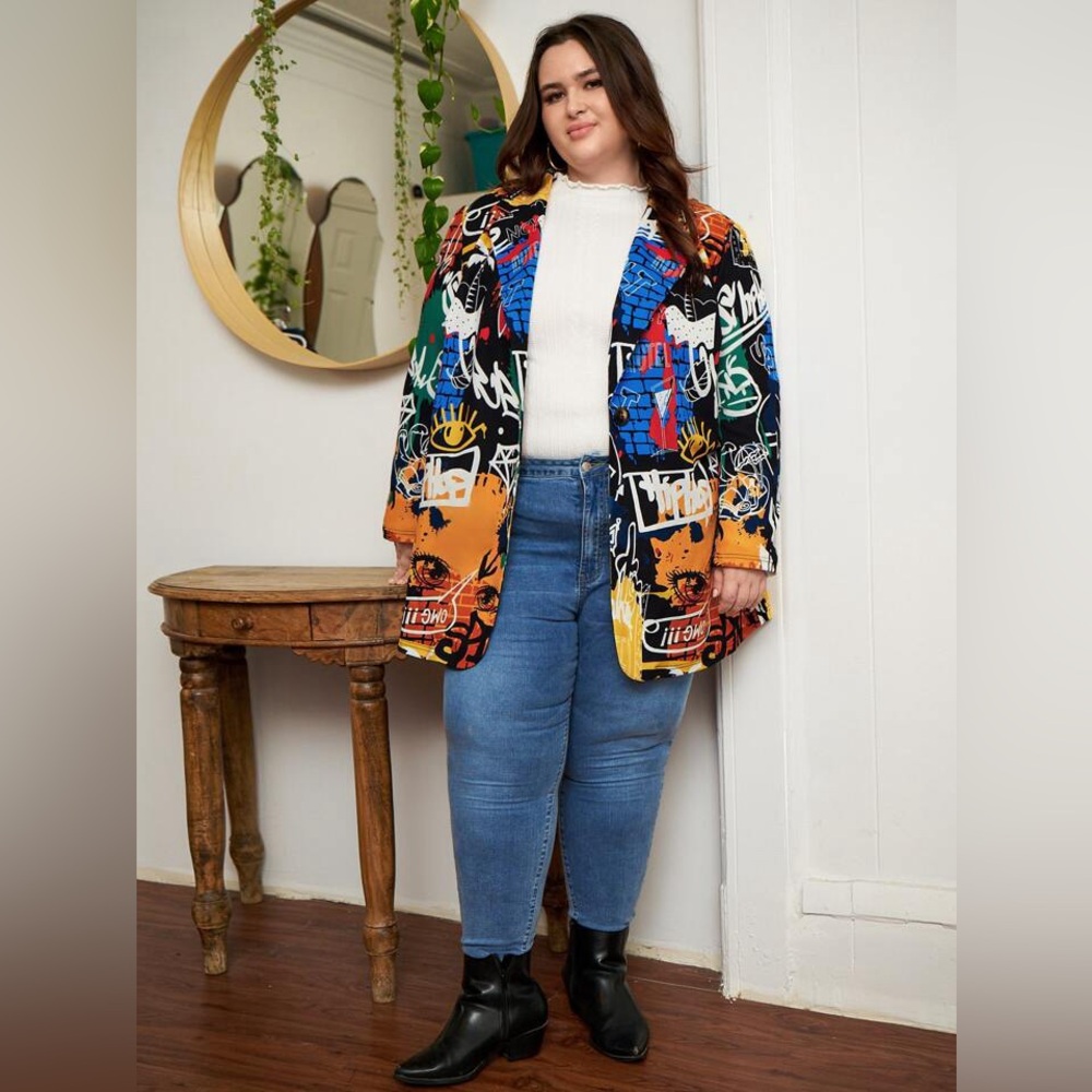 SHEIN Funky Y2K Colorful Graffiti Street Art Abstract Avant Gard Blazer Sz 24/26 - Picture 2 of 9